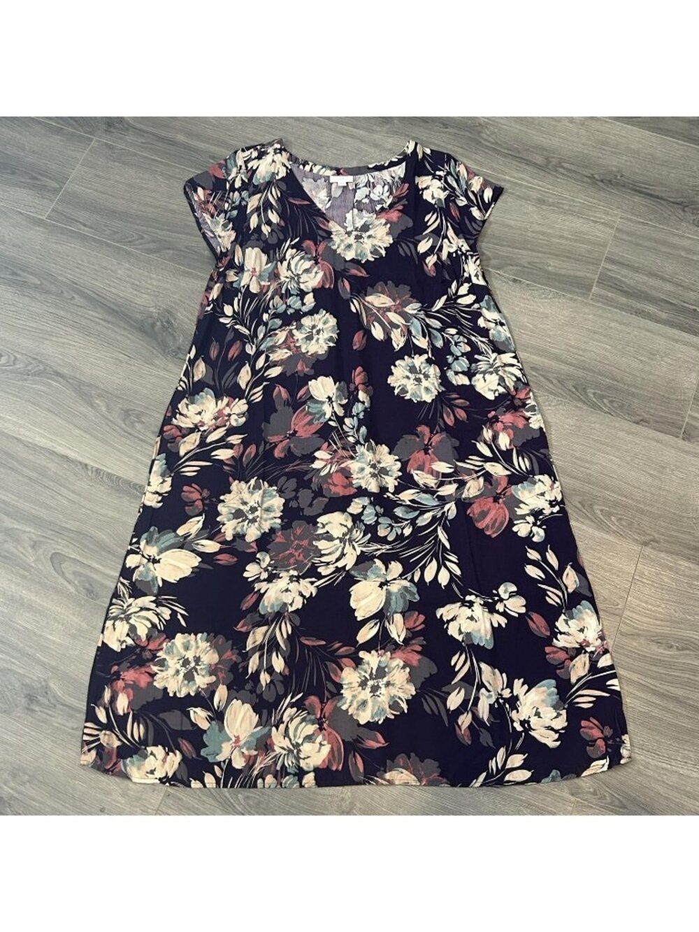 J Jill Dress Womens L Purple Floral Rayon V Neck Pleated A Line Shift Midi Boho